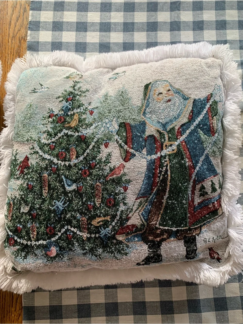 Holiday Fringe Tapestry Throw Pillow Pair Blue/Green Christmas Tree & Stockings